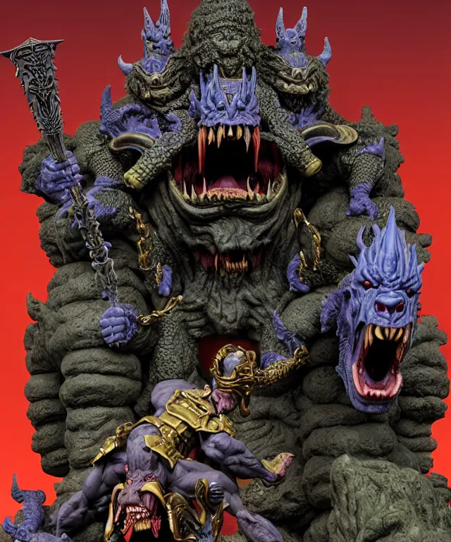 Prompt: a hyperrealistic rendering of an epic boss fight against an ornate supreme dark overlord by art of skinner and richard corben, product photography, mountain nightmare castle playset, collectible action figure, sofubi