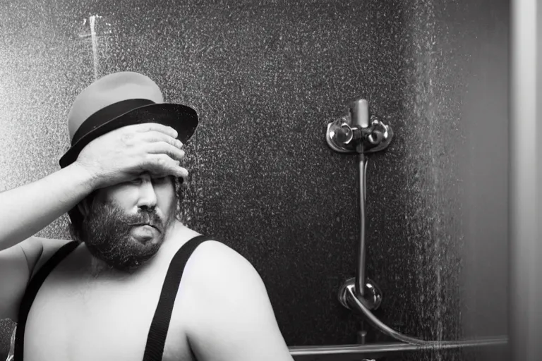 Prompt: photo of a neckbeard wearing a fedora looking at a shower with a terrified look on his face