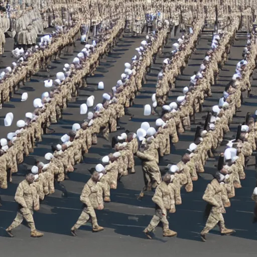 Prompt: a military parade doing goose steps while holding giant keyboards, 4 k photography