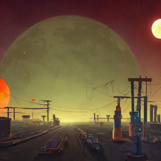 Image similar to An atom punk city with the moon shining through the clouds in utopia by Simon Stålenhag and Grant Wood,In style of 80s sci fi art.hyper detailed,4K,unreal engine 5,Ray Tracing,highly realistic.trending on Artstation