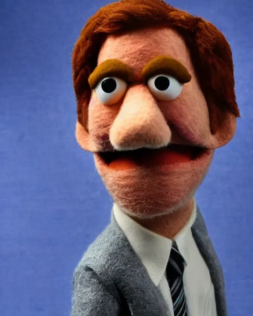 Image similar to jim halpert as a muppet. highly detailed felt. hyper real photo. 4 k.