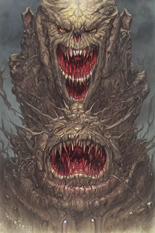 Image similar to artwork by john howe of a the angry abomination