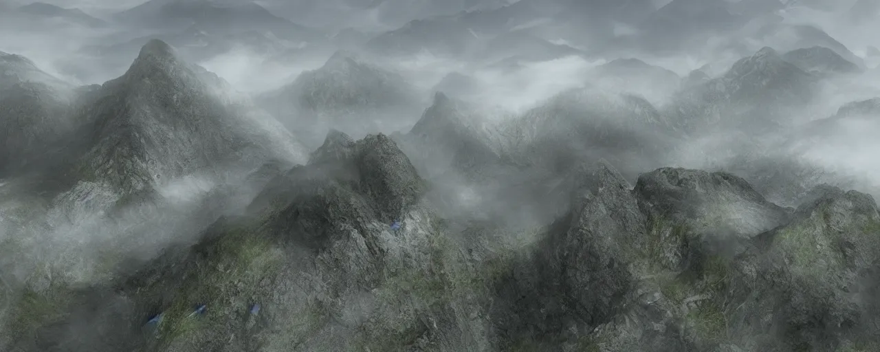 Prompt: two steep mountain peaks, with villages, digital art, far away, low fog layer