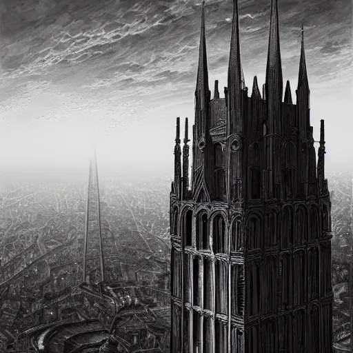 Image similar to an ultra detailed black and white tarot card of a lonely and impossibly tall ominous gothic dark tower elevated high above the city, in a river elevated high above the city, fantasy capital city, ultrawide lense, aerial photography, volumetric lighting, exquisite detail, 8 k, art by greg rutkowski and alphonse mucha