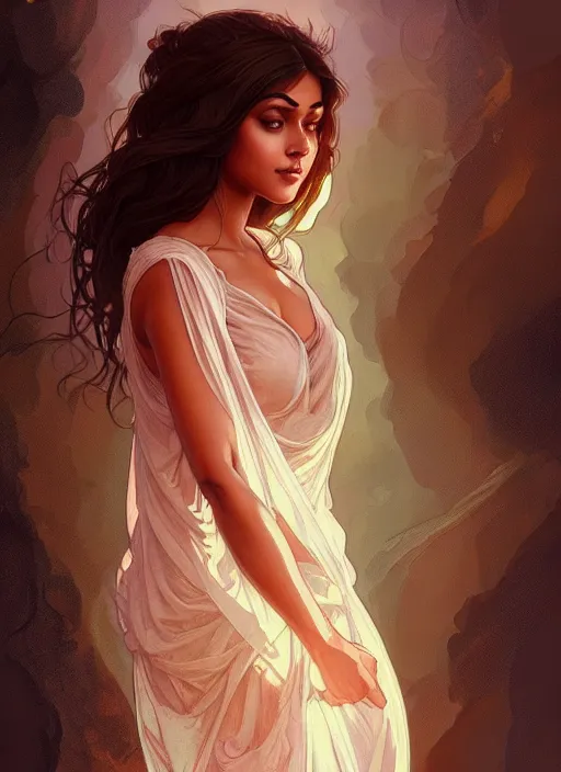 Image similar to cute brown woman wearing a transparent night gown, fantasy, intricate, highly detailed, digital painting, artstation, concept art, wallpaper, smooth, sharp focus, illustration, art by artgerm and greg rutkowski and alphonse mucha