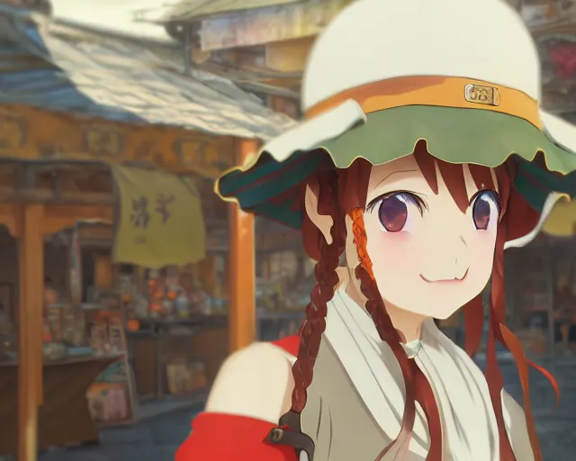 Prompt: anime visual, portrait of a young female adventurer in an open medieval market, cute face by yoh yoshinari, katsura masakazu, cinematic luts, cold studio lighting, dynamic pose, dynamic perspective, strong silhouette, anime cels, kyoto animation, cel shaded, crisp and sharp, rounded eyes, moody