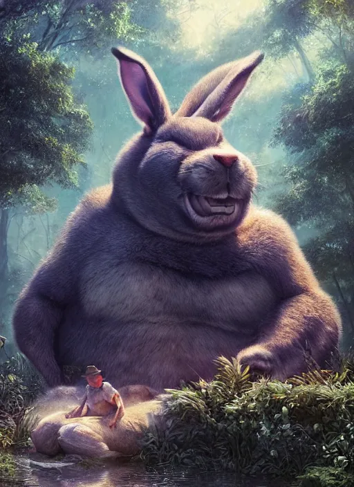 Prompt: hyper realistic, happy masculine big chungus inside a dreamscape, extremely large eyes, background painted by greg rutkowski, artgerm, soft lighting, analogous colors,