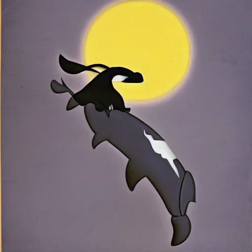 Image similar to the grim reaper riding a dolphin that is jumping over a rainbow, by tex avery,