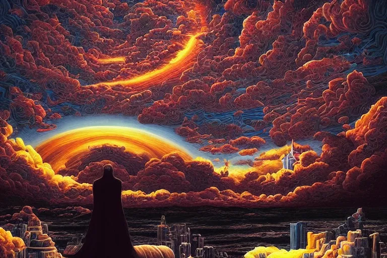 Prompt: massive large human dark black unassuming figure in center of psychdelic city tranquil dreamworld in the clouds, surrealist and abstract digital art trending on artstation by artist Rob Gonsalves and Mark Riddick supreme peace immense knowledge off white cream and vibrant bright red restricted palette dmt art