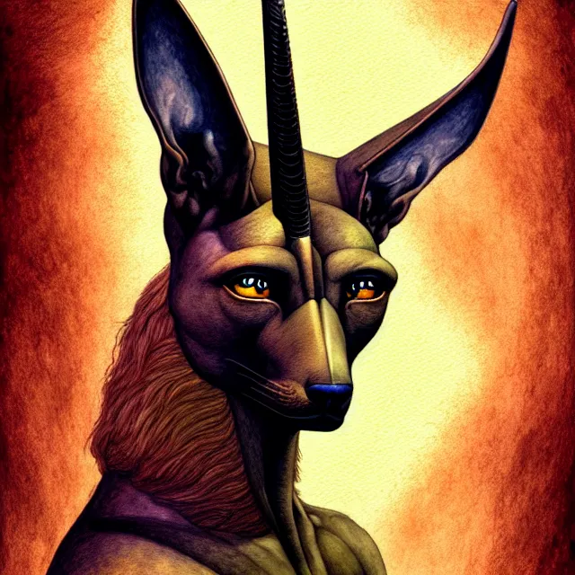 Image similar to portrait, stunningly handsome god Anubis, super fine digital watercolour and pastels, extremely high detail, digital pen and digital ink, intricate illustration, by Dorian Cleavanger, Jim Burns, Frank Frazetta, Wendy Froud, artstation, WLOP, deviantart, Pixiv