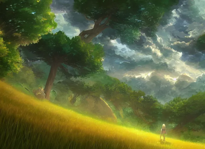 Prompt: close-up of a multi-dimensional portal leading to many worlds in a lush grassy plain, a fantasy digital painting by Makoto Shinkai, trending on Artstation, highly detailed