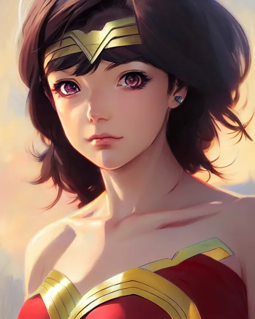 Image similar to portrait Anime as Wonderwoman girl cute-fine-face, pretty face, realistic shaded Perfect face, fine details. Anime. realistic shaded lighting by Ilya Kuvshinov Giuseppe Dangelico Pino and Michael Garmash and Rob Rey