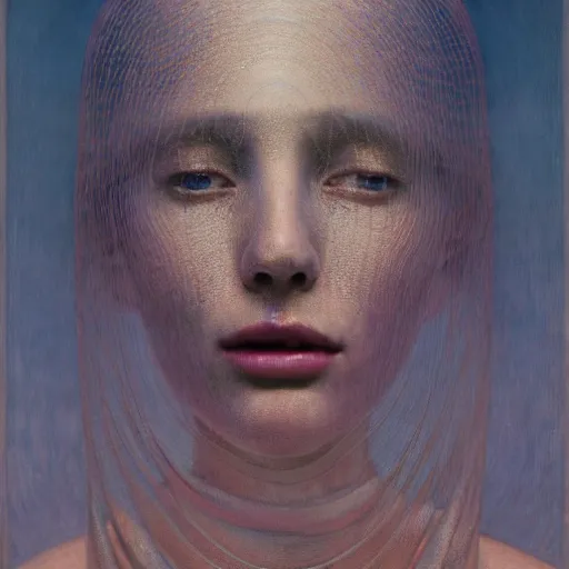 Image similar to portrait of a woman, covered in transparent cloth, plastic, thunder clouds, flat background, Masterpiece, glowing, wires everywhere, by Edgar Maxence and Ross Tran, Zdzisław Beksiński, and Michael Whelan, distant, gustav dore, H.R. Giger, 8k, octane render