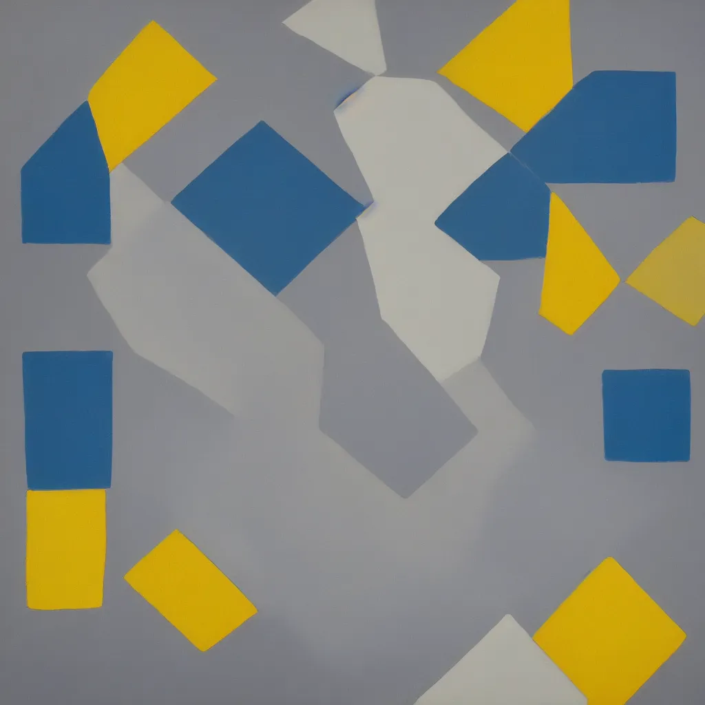 Prompt: 3 dimensional solid large geometric of solid oil paint, with strong top right lighting creating shadows, colours cream naples yellow and blue - grey