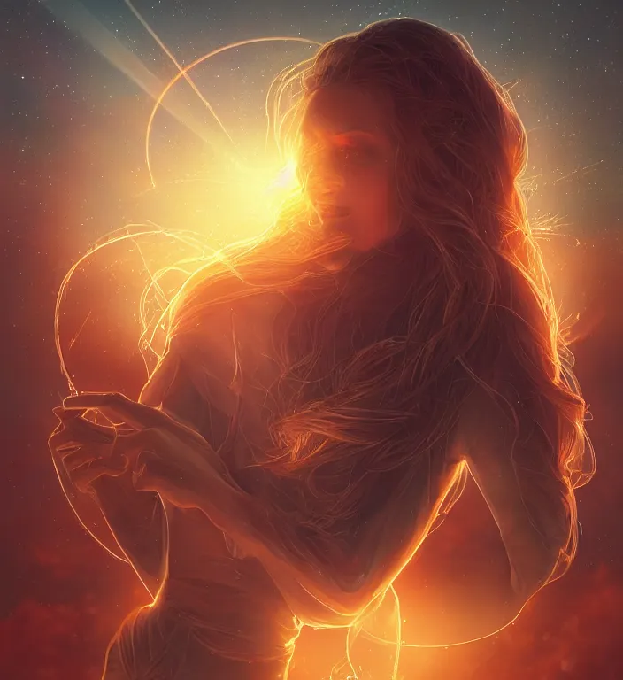 Prompt: centered waist up portrait photography an angel + eyes everywhere + glowing linework, dissolve to energy particles of light + bokeh + strong DOF + 8k, photorealistic + composition by Peter Mohrbacher + line work by Dan Mumford , ultra realistic + backlit + strong rimlight, sunset + HDRI, HD, Photoreal