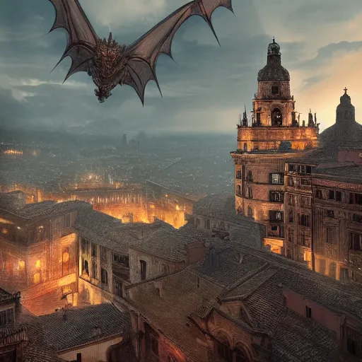 Image similar to the monumental city of caceres with smaug flying over it, dramatic lighting, cinematic, extremly high detail, photorealistic, cinematic lighting, post processed, concept art, artstation, matte painting, style by greg rutkowsky