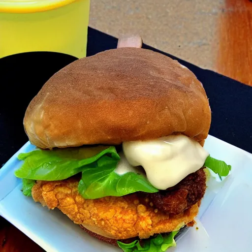 Prompt: fried chicken cheeseburger