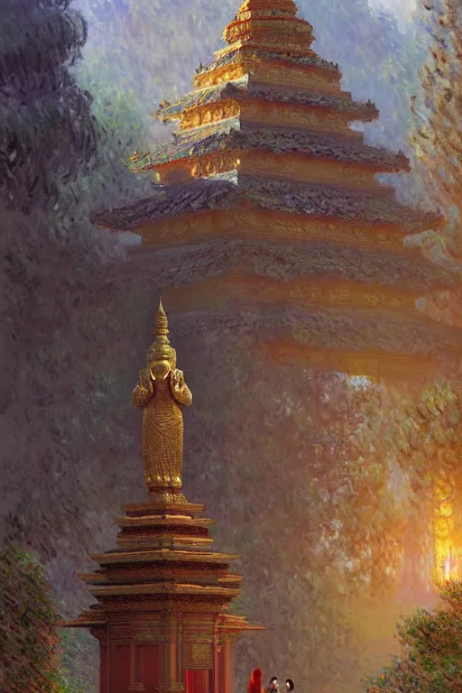 Image similar to temple, buddhism, impressionnisme, painting by greg rutkowski, artgerm, claude monet