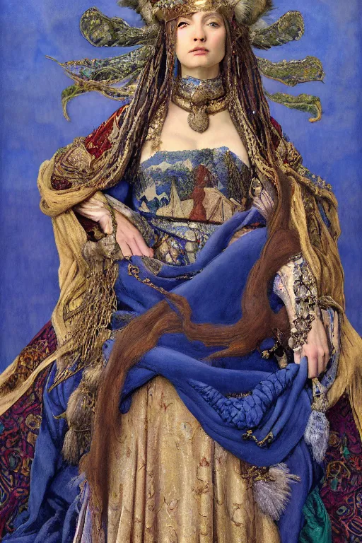 Image similar to coronation portrait of the queen of the dawn mountains, by Donato Giancola and John Bauer and John William Godward and Vermeer, embroidered velvet, iridescent beetles, rich color, ornate headdress, flowing robes, lost runes, ancient civilizations, dramatic cinematic lighting, featured on Artstation, cgisociety, unreal engine, extremely detailed