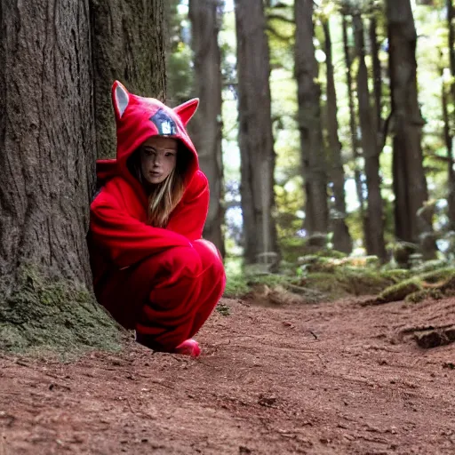 Image similar to a ninja timber wolf stalks [ a blonde teenage girl wearing a red hoodie ] in the forest