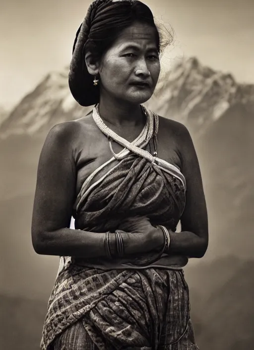 Image similar to hyper realistic and detailed vintage portrait photo of a beautiful nepalese woman standing in the sunshine with himalayan peaks behind her by annie leibovitz