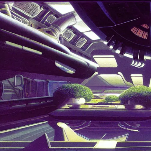 Image similar to ultra wide angle interior view of a space station, hanging gardens, oxen, by syd mead