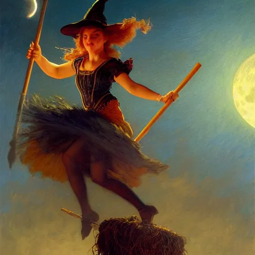 Image similar to witch flying with a broom, trough the night, fantasy, full moon in background. highly detailed painting by gaston bussiere, craig mullins, j. c. leyendecker 8 k