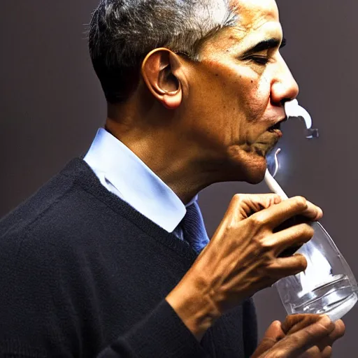 Prompt: Barack Obama smoking from a bong water pipe, photograph, 2018