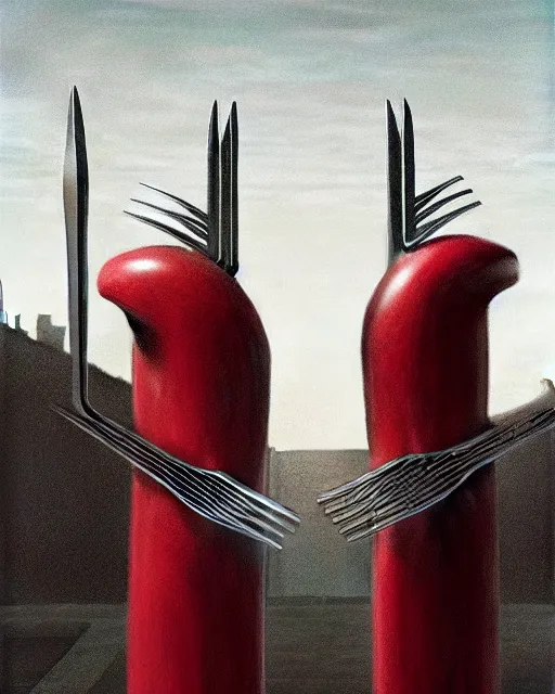 Image similar to hyperrealistic hyperdetailed fork battle war concept art santiago caruso de chirico sharp very dramatic crimson light 8k low angle shallow depth of field