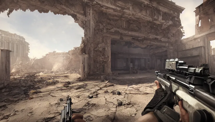 Prompt: fps screenshot of shooter game in las vegas ruins, riflegun, video game, hyperdetailed, artstation, cgsociety, 8 k
