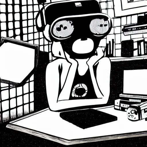 Image similar to goth computer nerd in a cluttered room wearing a vr headset, by jamie hewlett, anime,
