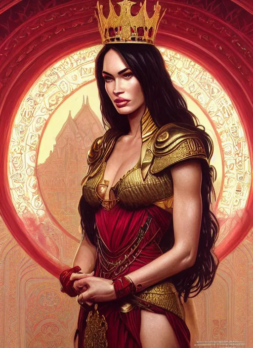 Prompt: portrait of megan fox as a queen, throne, jewelry, greek, ruby, intricate, headshot, highly detailed, digital painting, artstation, concept art, sharp focus, cinematic lighting, illustration, art by artgerm and greg rutkowski, alphonse mucha, cgsociety