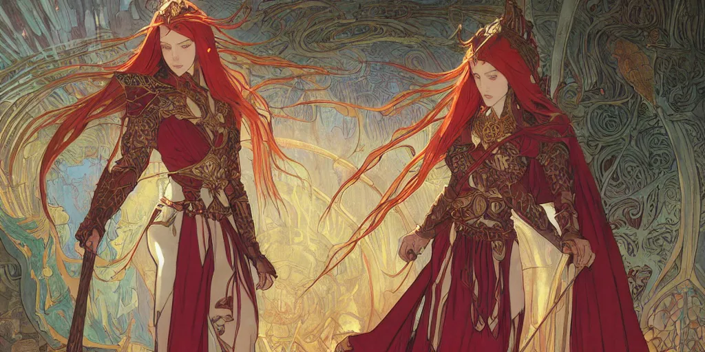 Prompt: a female elven cleric with red long hair in a very good beautiful scale armor, wearing a cape, casting a fire spell in a shape of a dragon, dungeon background, magical, bright, colorful, fantastic lighting, amazing details, 4 k uhd, illustration by alphonse mucha and makoto shinkai and ilya kuvshinov, artstation, pixiv,
