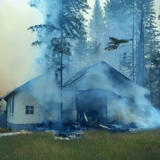 Image similar to a beautiful photo of a small hotel engulfed in a forest fire