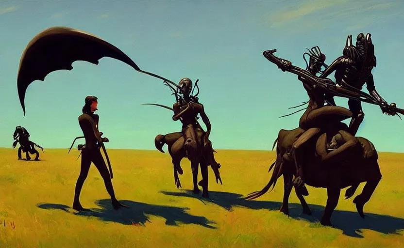 Prompt: Aliens riding Black buffaloes in the Pontine swamp with swords, very coherent, painted by Edward Hopper, painted by James Gilleard, airbrush, art by JamesJean