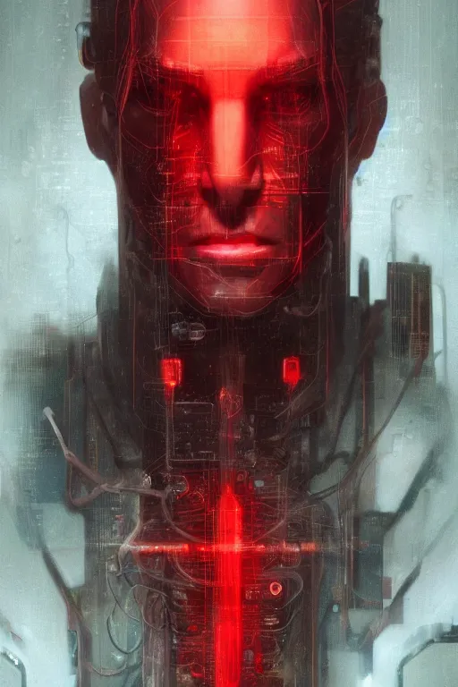 Prompt: head and shoulders render of man cyberpunk face ((glowing_red_eyes red emissives!)) android face inhuman creepy intimidating, exposed wiring bundle. detailed Tom Bagshaw and Greg Rutkowski and Alphonse Mucha Bladerunner 2049 artstation trending 165mm