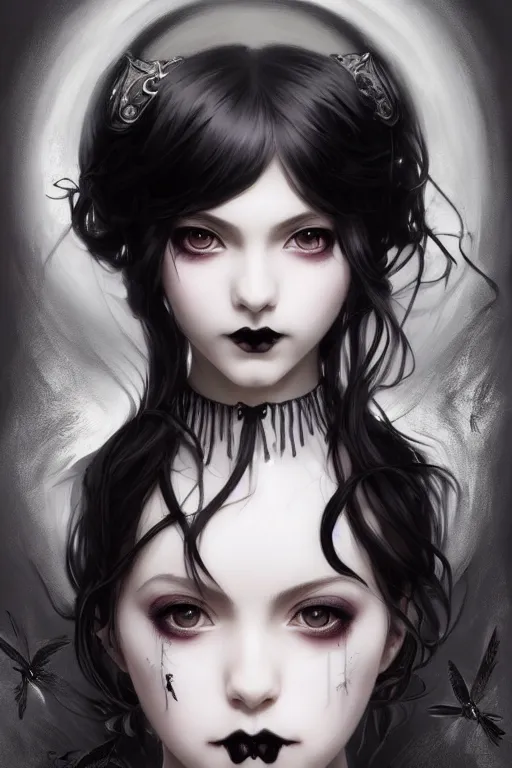 Image similar to portrait of radical lolita girl, dreamy and ethereal and dark, black eyes, silver short hair, smiling expression, ornate goth dress, dark fantasy, chaotic, elegant, black crows flying, highly detailed, digital painting, artstation, concept art, smooth, sharp focus, illustration, art by artgerm and greg rutkowski and alphonse mucha