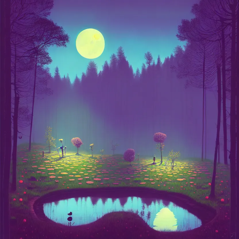 Image similar to ( ( ( gediminas pranckevicius ) ) ), a pond in the forest, moonlight, flower garden summer morning, very coherent and colorful high contrast art by simon stalenhag james gilleard floralpunk screen printing woodblock, dark shadows, pastel color, hard lighting