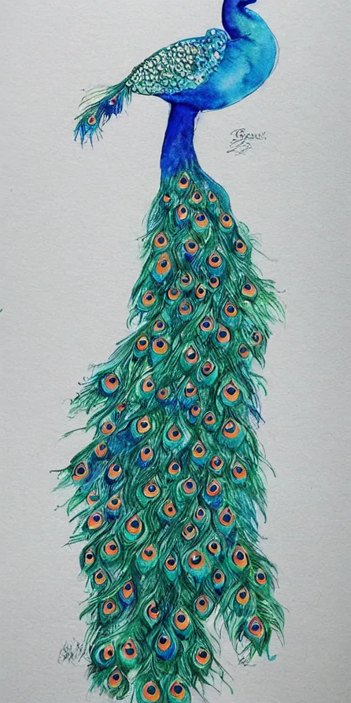 Prompt: peacock themed dress design, watercolor