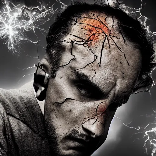 Prompt: a man with an exploding head, mind blown, dynamic fear suspense very cinematic photorealism