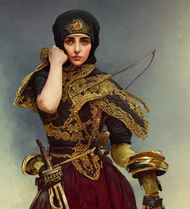 Image similar to portrait of a turkish woman wearing a traditional nineteenth century ottoman empire military uniform, metal shoulder pauldrons, intricate, highly detailed, digital painting, artstation, concept art, sharp focus, cinematic lighting, illustration, art by artgerm and greg rutkowski, alphonse mucha, cgsociety