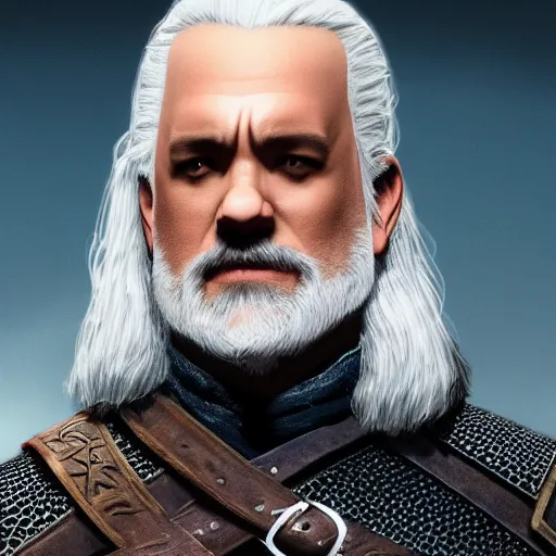 Prompt: a portrait of tom hanks as geralt the witcher from the witcher 3