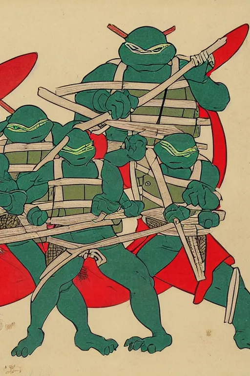 Image similar to Four Teenage Mutant Ninja Turtles, Japanese ukiyo-e ukiyo-ye woodblock print, by Moronobu