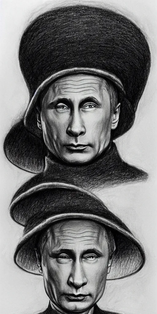 Image similar to vladimir putin with a nuclear mushroom cloud hat, cartoonish, ultra detailed pencil drawing