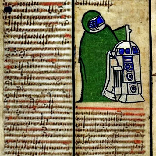 Image similar to page from a 1 4 th century monk's manuscript illustrating an epic battle between r 2 d 2 and!! pepe the frog!!