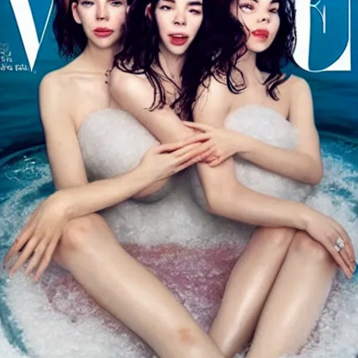 Image similar to stunning vogue magazine photo of dark - haired goddesses vanessa kirby, hailee steinfeld, and bjork smiling, legs intertwined, in a bubble bath, with wet faces!!, wet lips, smooth skin, perfect eyes, insanely detailed, elegant, by wlop, rutkowski, livia prima, mucha, wlop,