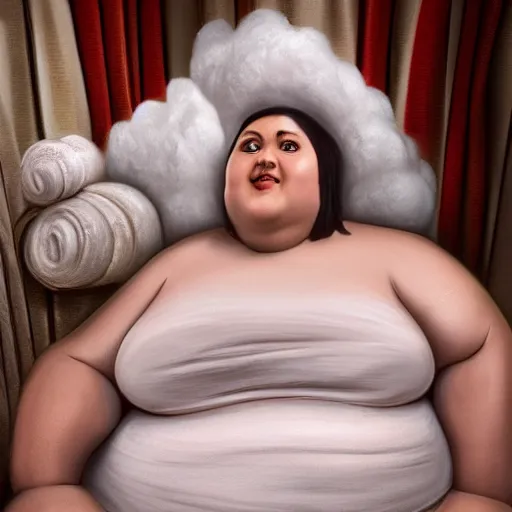 Prompt: the huge fat woman's head made of flour is on the fancy chair. medium shot. beautiful colors, great lighting. fantastic movie scene. subsurface scattering shiny skin. beautiful lighting, 4 k post - processing, trending in art station, cg society, highly detailed, 5 k extremely detailed, 3 d. cinematic scene. sharp image.