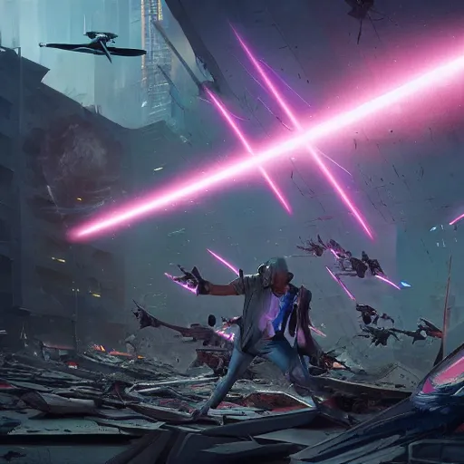 Image similar to mace windu fighting a group of pterodactyls in a destroyed cyberpunk city shooting lasers by greg rutkowski