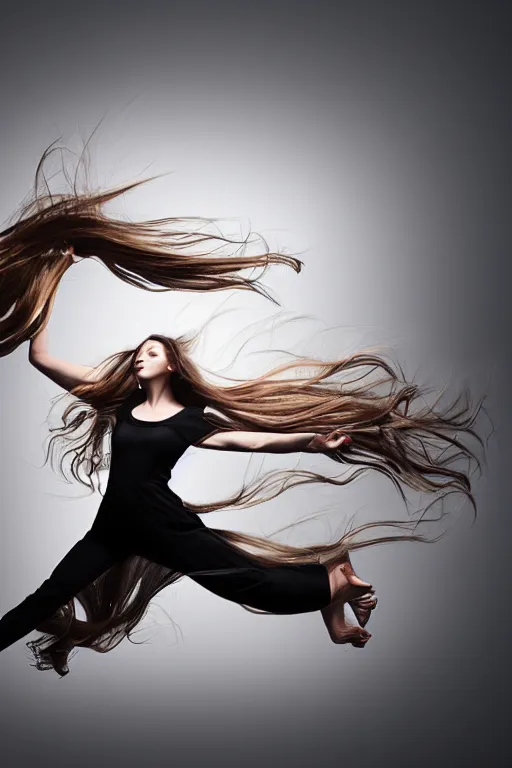 Image similar to a beautiful girl with long flowy hair, floating in thin air, black background