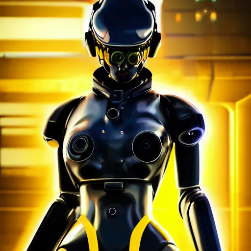 Prompt: A hyperrealistic portrait painting of a cyber warrrior girl wearing futuristic mecha suit, black and yellow shinny color armor, ultradetailed face expression trending on artstation and artbreeder, cyberpunk color feel raining at tokyo midnight rooftop, unreal 5, DAZ, 8k, unreal 5 engine render, cosplay, RPG portrait, final fantasy Vll world concept, dramatic lighting, rim lights, PS5 render quality